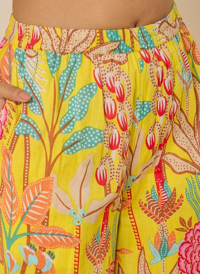 WineRed طقم تونيك بأكمام منتفخة وطبعة استوائية باللون الأصفر